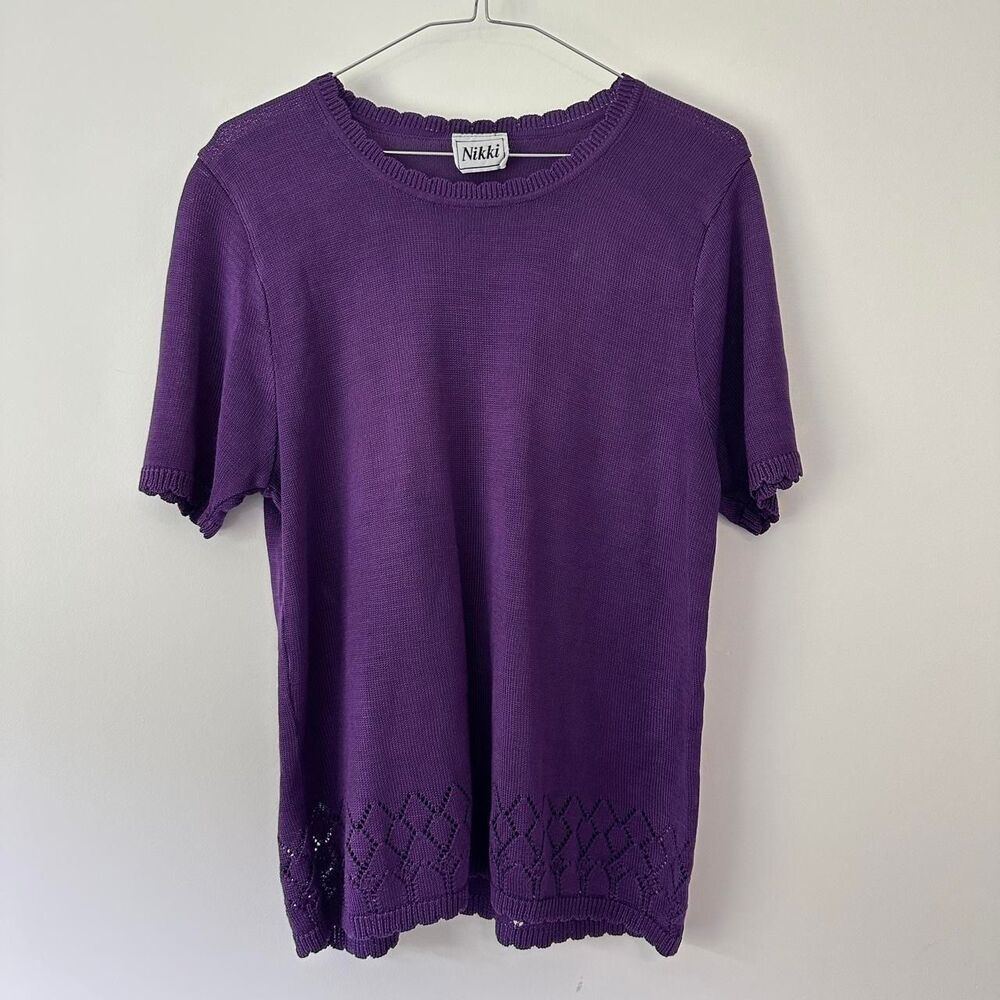 Vintage cottagecore Purple Pointelle Scalloped Short Sleeve Knit Sweater Top